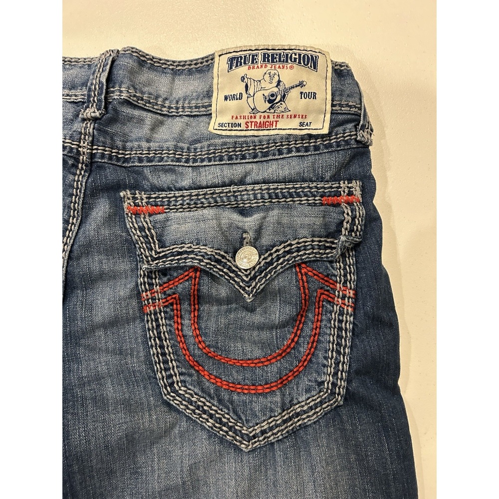 True Religion Ricky Straight Flap Jeans Men Size 34 Blue Distressed Red Stitch